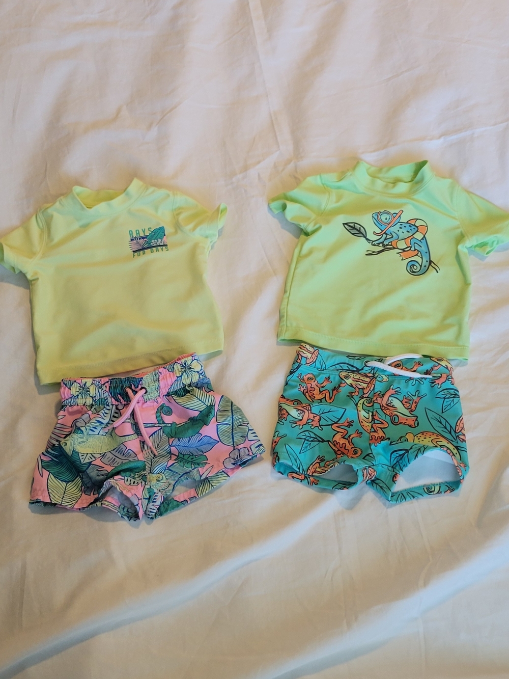 Carter's Neon Lime Short-Sleeve Rashguard Swim Sets with Tropical Shorts.